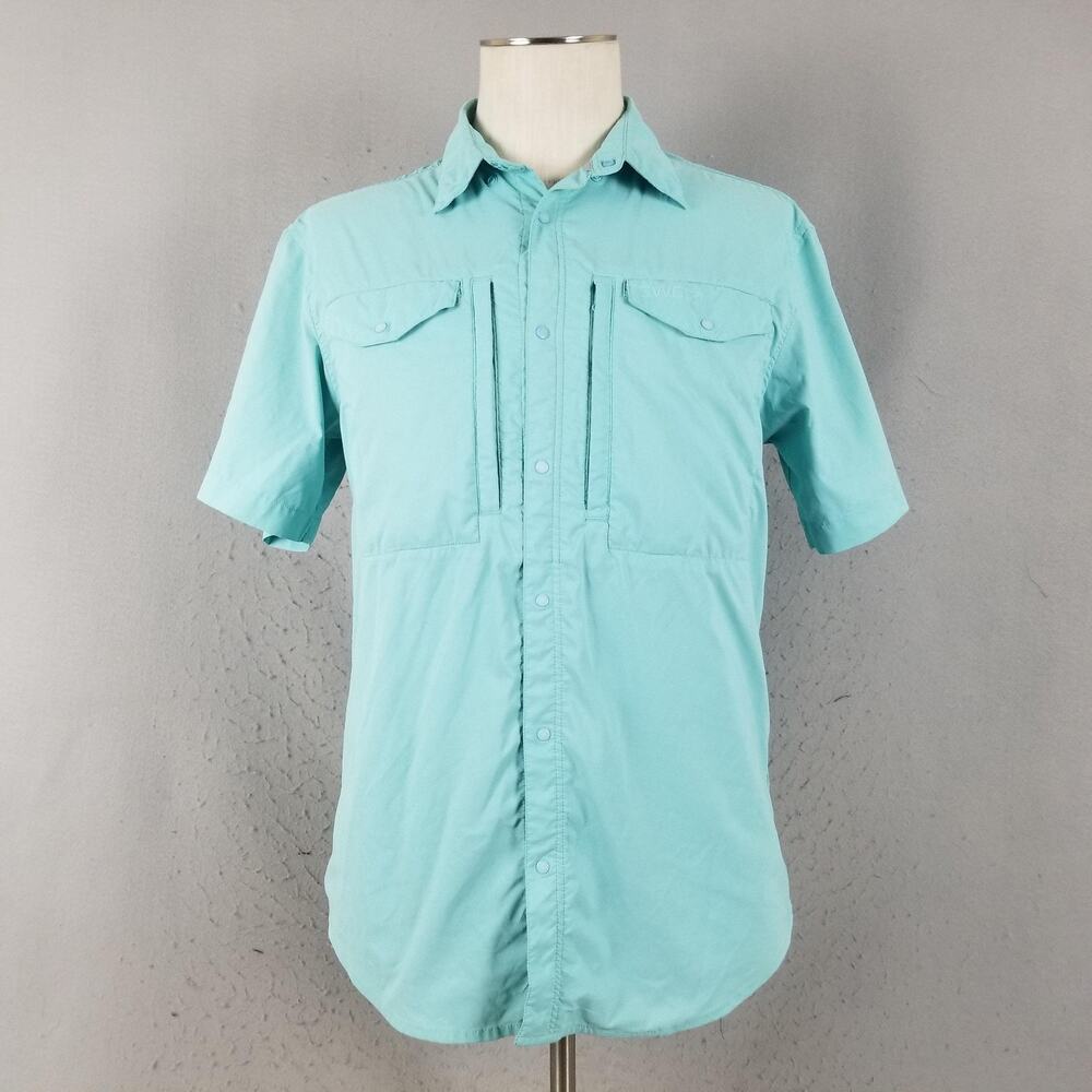 SWC Shirt Mens Medium Aqua Blue Fishing Outdoor Vented Stretch Pockets Polyester